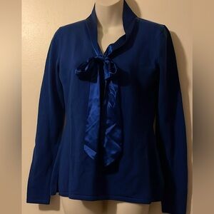 Blue merino wool sweater with neck tie detail